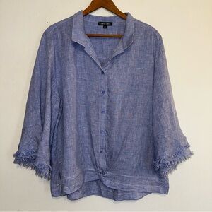 BOHO CHIC Blue Linen Gingham Flaired & Fringed 3/4 Sleeve Blouse w Twist Front
